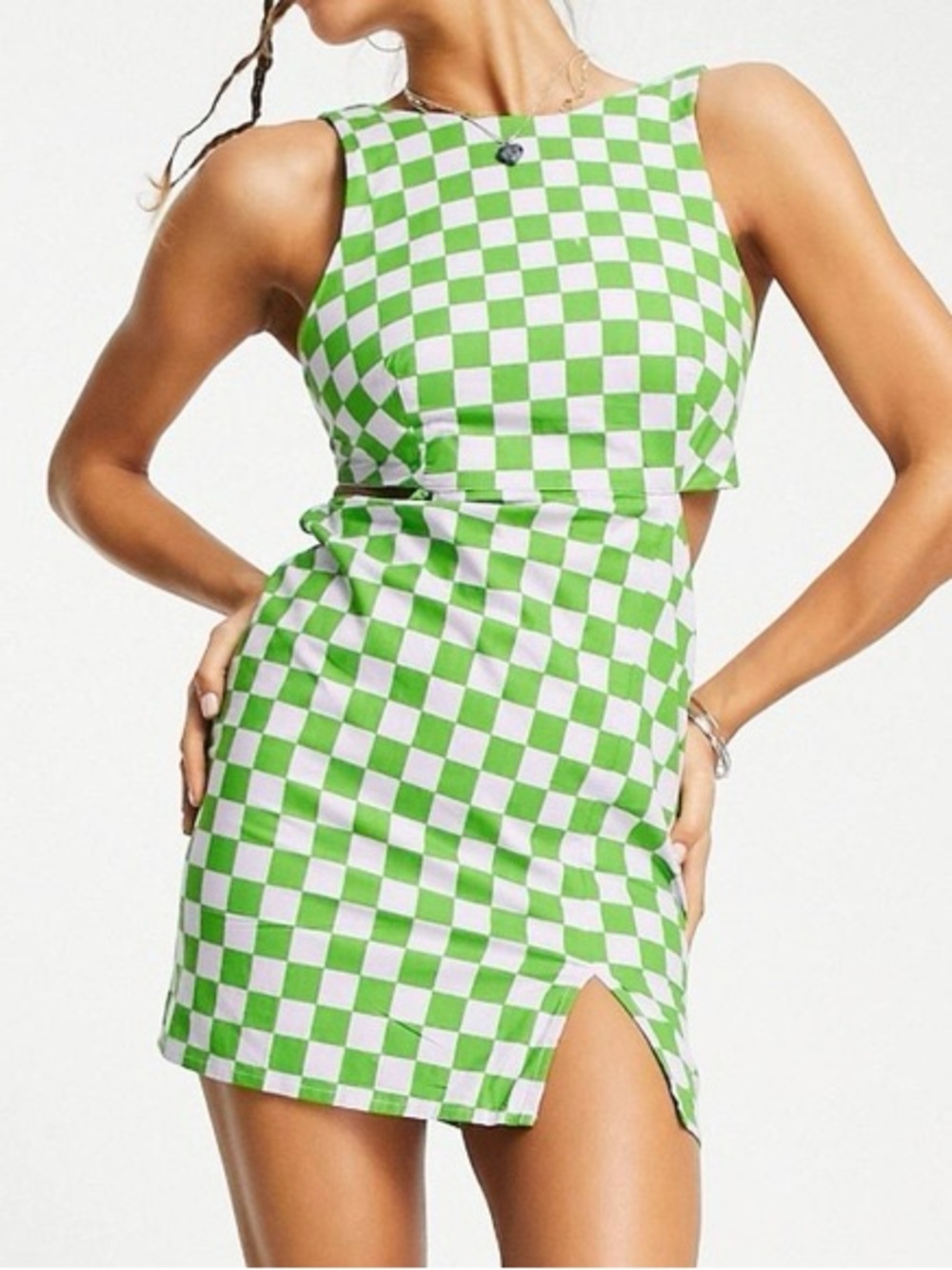 ASOS Retro Y2K Purple Green Checkered Cut Out Dress Size 12